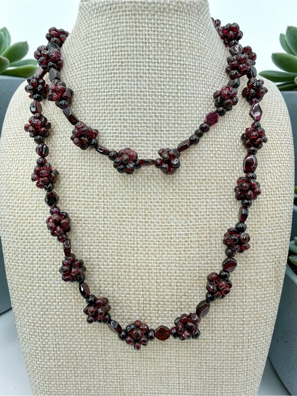 Vintage Genuine Garnet Cluster Bead Necklace – 30” Endless Strand, 58g Bohemian